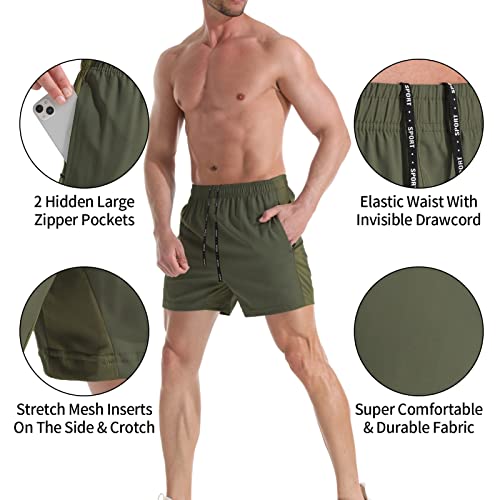 Vpos Gym Shorts For Men 5 Inch - Lightweight Mens Athletic Shorts Quick Dry Workout Running Shorts With Zipper Pockets (Green, Large) #TOP3