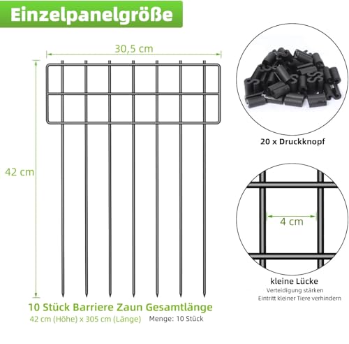 LIANTRAL 10 Stück Tier Barriere Zaun, Dekorativer Gartenzaun, rostfreier Metalldraht, Kein Graben-Zaun Patio-Grenze Tierzaun für Hunde Kaninchen im Freien Patio, 42 cm (H) x 3,05 m Gesamtlänge