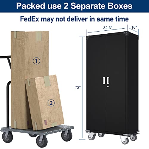 Aobabo Metal Rolling Storage Cabinet With Lock,Steel Garages Cabinet With 2 Doors And 4 Shelves,72'' Tools Storage Cabinet On Wheels For Garage,Warehouse,School,Black,Assembly Required #TOP2