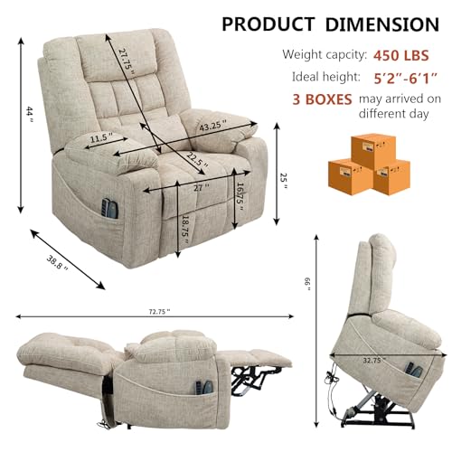 Image of 4 Motor Power Lift Recliner Chair for Elderly, Oversized Lay Flat Recliner with Massage Heat, Adjustable Headrest, Hidden Cup Holders, Zero Gravity Big and Tall Recliners, Cream