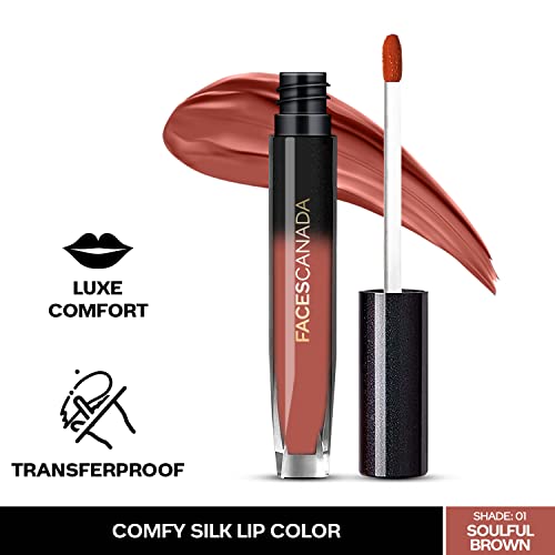 Image of FACES CANADA Comfy Silk Liquid Lipstick - Soulful Brown 01, 3ml | Satin Matte HD Finish | Luxe Comfort | Longlasting | No Dryness | Smooth Texture | Mulberry Oil & Shea Butter For Plump Hydrated Lips