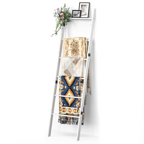 BAMBANG 6-Tier Blanket Ladder for Living Room Blanket Quilt Ladder Rack Rustic Decorative Towel Holder Wall Leaning Blanket Ladder Shelf Storage Farmhouse Decor for Bedroom Bathroom White