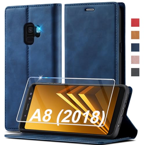 Handyhülle für Samsung Galaxy A8 2018 Hülle Leder [Mit A8 2018 Schutzfolie] für Samsung Galaxy A8 2018 Hülle Klappbar Leder Flip Wallet Stoßfeste Hülle Schutzhülle Klapphülle für Samsung A8 2018 Hülle