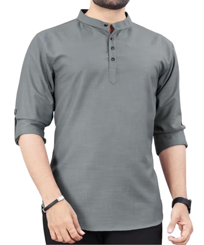 Image of DEEMOON Men's Regular Fit Solid Sprad Collar Casual Shirt with a Trendy Mandarin Collar Crafted from a Premium Cotton Blend