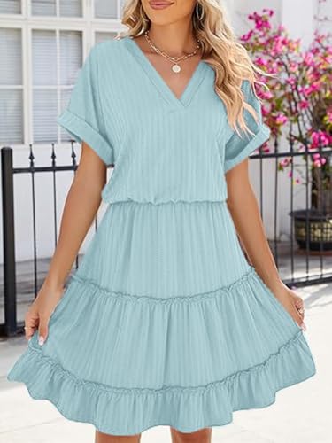Image of PerZeal Women's Casual V Neck Short Sleeve Tiered Dress Ruffle Hem A-Line Flowy Swing Midi Dresses
