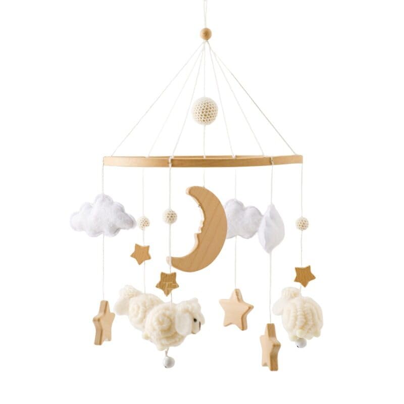 Baby Crib Mobile for Boys Girls | Boho Nursery Mobile | Felt Ball Bed Bell Mobile Crib | Ceiling Mobile - Stars, Clouds, Moon | Pendant Toy Wooden Wind Chime Nursery Decoration (Cream Colour)