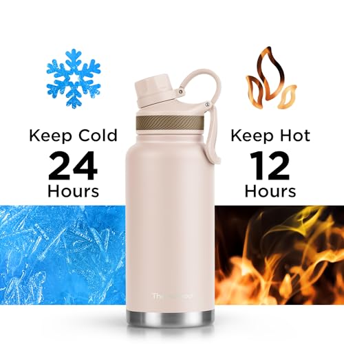 Image of ThermoProof Double-Walled Vacuum Insulated Stainless Steel Water Bottle - Wide Mouth Canteen, Spout & Straw Lids, Dishwasher Safe, Reusable, Leakproof, Hot & Cold for Men, Women & Kids - 32oz, Taupe