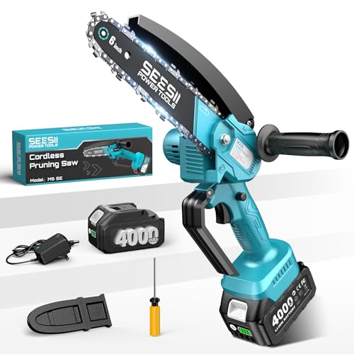 SEESII 6-in-1 Cordless Pole Saw & Hedge Trimmer Combo, Electric Mini Chainsaw with 2×4.0 Ah Batteries, Extendable Tree Pruner, Bush Trimmer Limb Branch Cutter, Grass Shears, 15Ft Long Reach