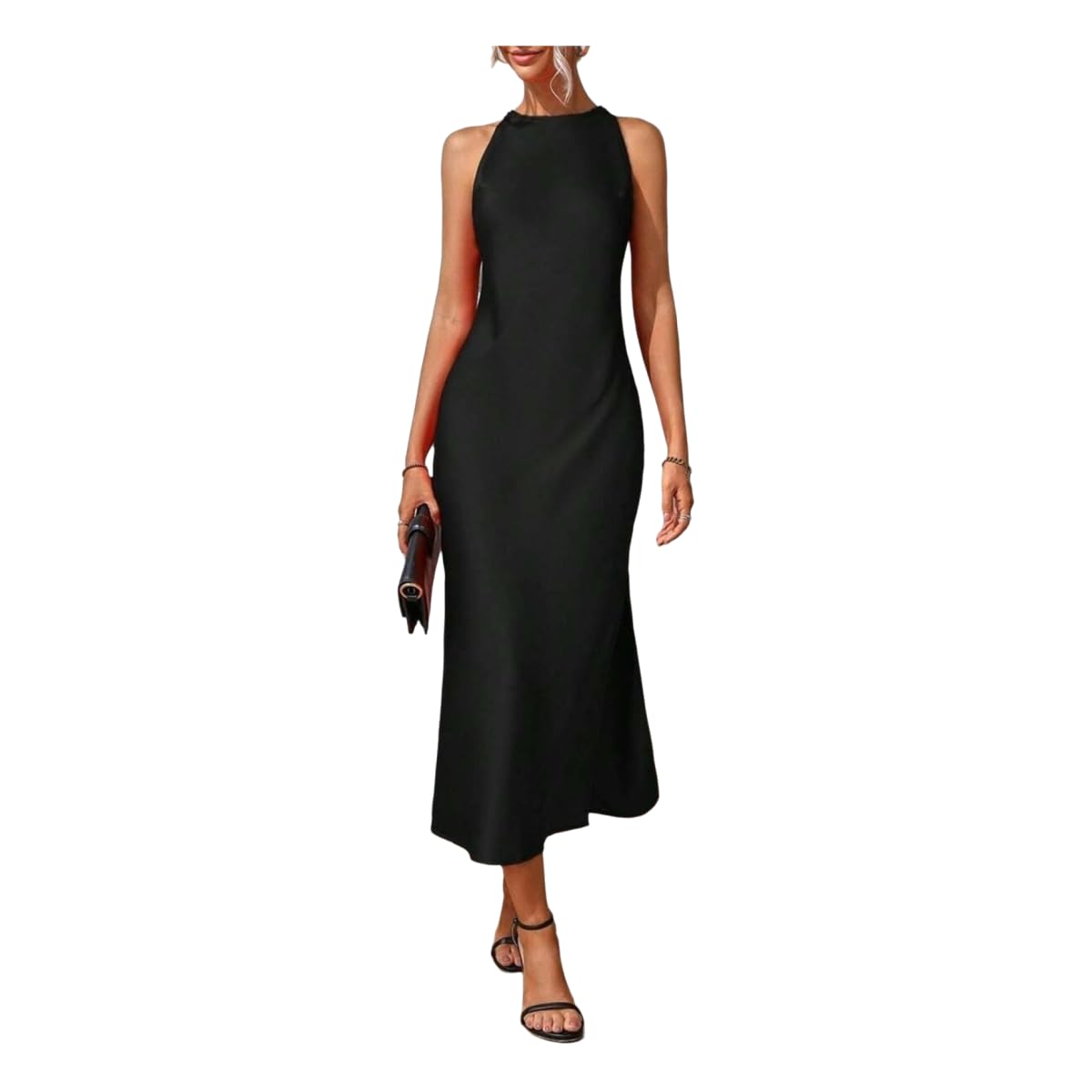 Abiti Abito Lungo da Donna, Elegante Vestito Sexy per Ospite di Seta Drappeggiata Il Collo Tondo -Nero-XXL