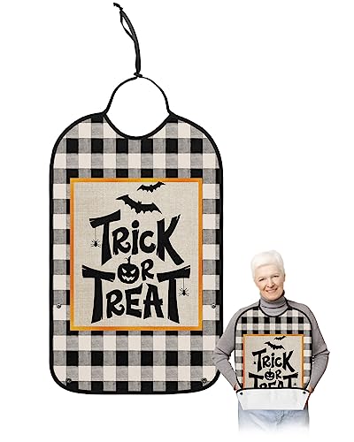 Halloween Adult Bibs for Eating, Waterproof Bibs with Food Catcher & Adjustable Snap Closure, Rustic Trick or Treat Black White Striepd Bat Clothing Protectors Adult Bibs for Elderly Women/Men