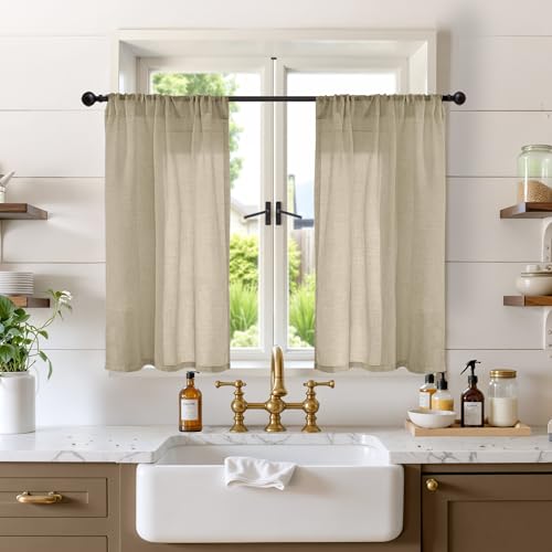 Image of BGment Short Camel Linen Curtains 36 Inches Long for Cafe Kitchen - Small Half Window Drapes Semi Sheer Light Filtering with Rod Pocket Textured Lightweight, 2 Panels Set, Each 30 Inch Wide