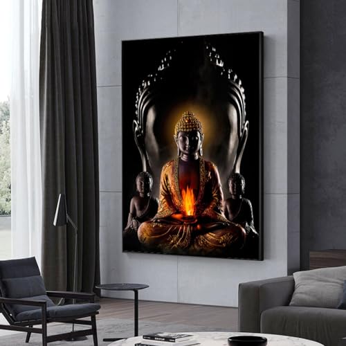 Toile bouddha 30x55 cm avec cadre intérieur bois pour déco murale