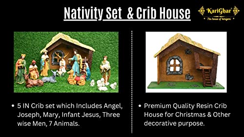 Image of KariGhar Resin Crib Set Idol Statue for Christmas Nativity Scene, Pack - Crib House, Mary, Joseph, Baby Jesus, Angel, 3 Wise Men, the Shepherd, 7 Animals, Set of 16 Pieces, 5 Inch