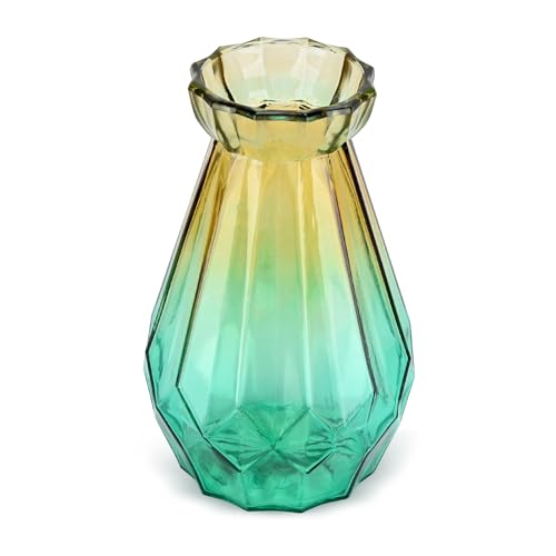 DUTTY Glass Vase Gradient Multicolor Crystal Geometric Surface Colorful Glass Vase, for Home, Office,Wedding or Florist (Green)