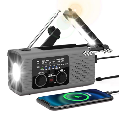Nitigo 緊急ラジオ 4000mAh ソーラーハンドクランク AM/FM/NOAA ポータブル気象ラジオ 電話充電器付き LED懐中電灯 読書ランプ SOSアラーム ヘッドフォンジャック 屋内屋外緊急用 USB充電式
