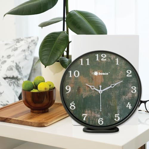 Image of Bosco Modern Non Ticking Silent, Vintage Green Distressed Face, Black Frame 20 CM Table Cum Round Wall Clock for Home, Living Room, Bed Room, Office and Kitchen- BWC-1203