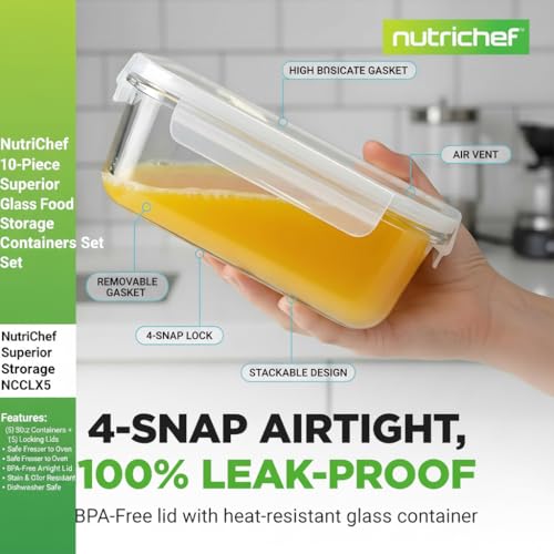Image of NutriChef 5-Piece 30 oz Reusable Glass Meal Prep Containers - Stackable Kitchen Storage Containers for Food, 4-Side Locking Plastic Lids w /Vent Hole - Easy to Clean, Dishwasher Safe (Flat)