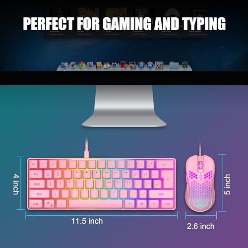 Image of RedThunder 60% Gaming Keyboard and Mouse Combo, Ultra-Compact 61 Keys RGB Backlit Mini Keyboard, Lightweight 7200 DPI Honeycomb Optical Mouse, RGB Wired Gaming Set for PC MAC PS5 Xbox Gamer(Pink)