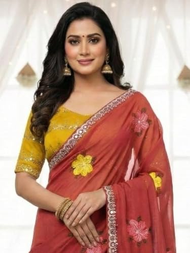 Image of Star Georgette Saree with Sequin Embroidery Work and Embroidered Blouse (Star-104)