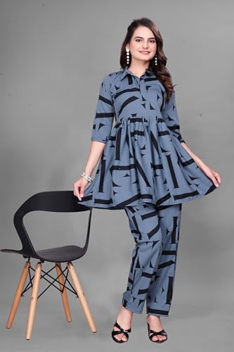 Image of Women Crepe 3 /4 Sleeves V Neck Cord Set Featuring Floral Pattern Design 2 Piece Ethnic Wear Set
