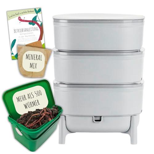 Wurmbox Komposter mit 3 Etagen | Wurmkomposter Starterset inkl. 500 Kompostwürmer
