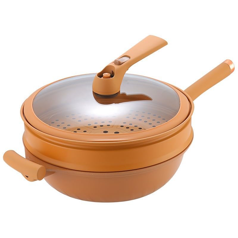 DSKMED Non-Stick Clay Frying Pan with Steamer, Multi-Purpose Terra Cotta Non-Stick Micro Pressure Cooker, Non-Stick 12.6-Inch Multi-Purpose (with steamer basket)