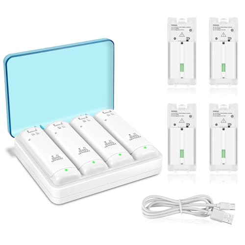 DTianSir Wii Remote Battery Charger,4 in 1 Charging Station with 4 Pack 2800mAh Rechargeable Battery,USB Cable for Wii/Wii U Remote Controller (White)