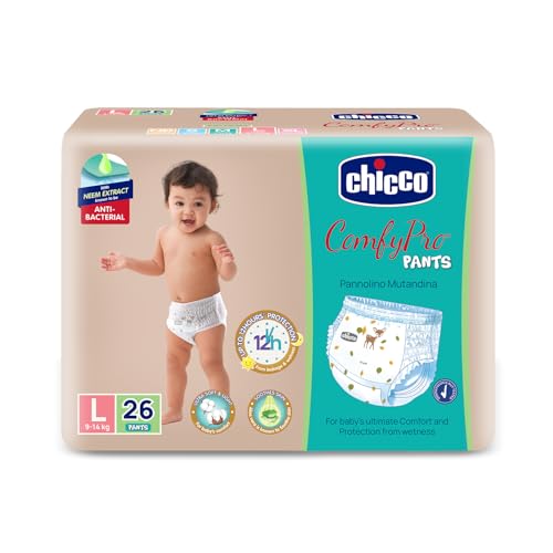 Image of Chicco Comfy-Pro Pant Style Baby Diapers | Anti-bacterial benefits | Ultra Soft & 12hrs protection | Wetness indicator & Disposing Tapes - Large, 26 Count, 9-14 Kg