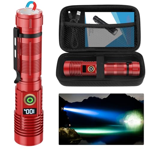 Spriak Rechargeable Flashlight High Lumens- Super Bright Magnetic Flash Light with Power Digital Display, Long Range,Dimmable,Waterproof,Pocket Tactical LED Flashlights for Emergency,Red 1PC