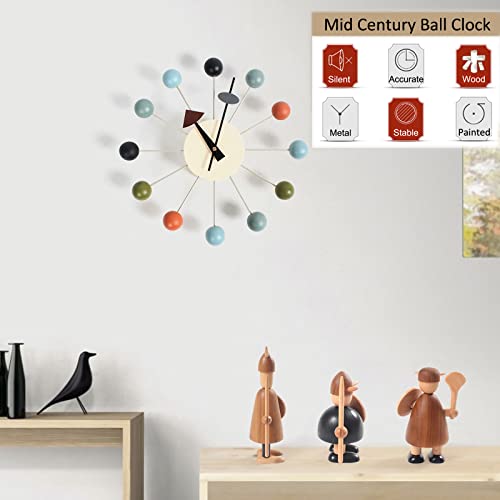 Shisedeco Ball Clock In Multicolor, Painted Solid Wood Non Ticking Decorative Mid Century Modern Silent Wall Clock For Home, Kitchen, Living Room, Office Etc. - Retro Design #TOP1