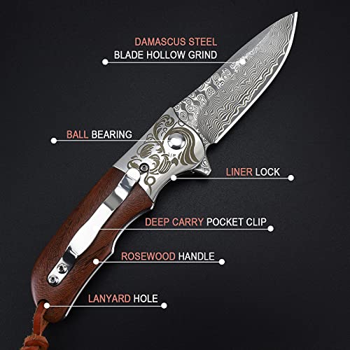 Aubey Damascus Pocket Knife With Clip, Damascus Knife Folding Knife With Vg10 Damascus Steel Blade, Wooden Handle, Liner Lock, Leather Sheath - Foldable Knife Edc Knife For Outdoor Survival Collection Gift #TOP2