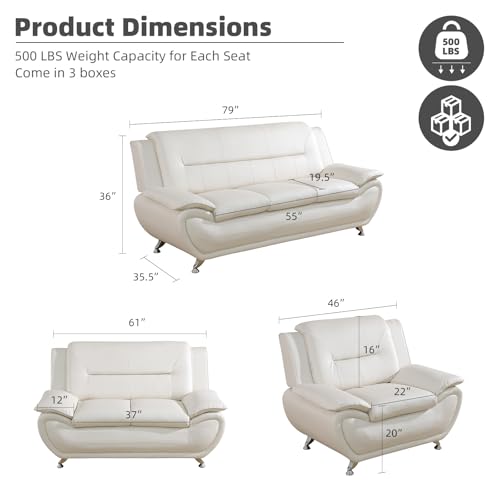Image of Leather Sectional Sofa, Living Room Furniture Pieces, 3 - Piece Couch Set, Faux Leather Modern Couch Loveseat Chair Set with Sturdy Legs for Living Room /Bedroom /Office,White