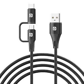Portronics Konnect J7 20W Fast Charging Cable with Dual Output (Type C + Micro USB), Changeable Metallic Heads, 480 Mbps Data Transfer, 1M Cable Length(Black)