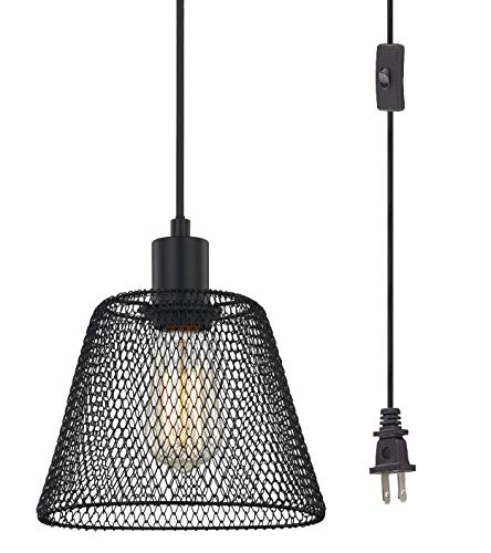 WOXXX Black Cage Plug in Pendant Light with Metal Shade, Farmhouse Pendant Lighting Plug in for Kitchen Island Living Room Bedroom, Industrial Chandelier 1-Light Hanging Lamp, in-Line On Off Switch