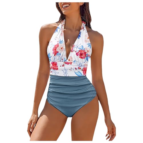 Swimming Costume Women Tummy Control One Piece Ladies Swimsuits Modest Floral Retro Swimwear Slimming Halter Push Up V Neck Monokini Bathing Suits White