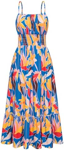 GRACE KARIN Womens Summer Maxi Dress Sleeveless Floral Spaghetti Strap Smocked Boho Dress with Pockets