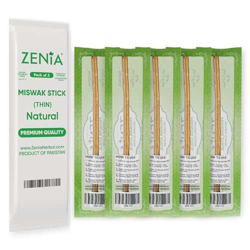 Zenia Natural Miswak Toothbrush (Extra Thin Sticks) - Vacuum Sealed Natural Flavor - for Healthy Gums & Teeth (Pack of 5)