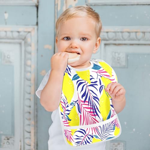 MCHIVER Lemon Palms Leaves White Baby Bibs for Babies Boys Girls Waterproof Feeding Bib Apron with Food Cather Adjustable Cotton Food Eating Bib 2 Pack4