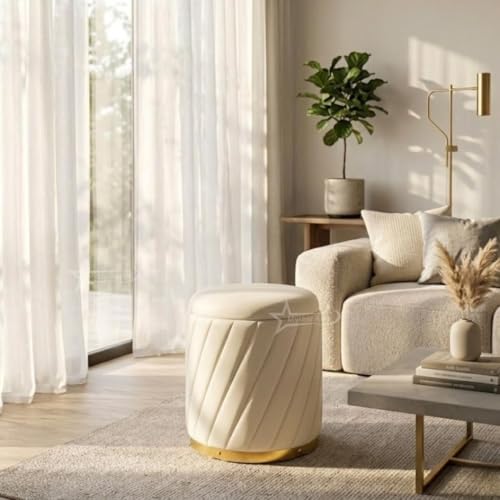 Image of Mythic ArtsRound Upholstered Sitting Stool & Footrest Velvet Storage Ottoman Pouffe16 X 16X 19 inch | Versatile Puffy for Living Room, Bedroom, and Office ? Chic Home Furnishings & Dcor Cream