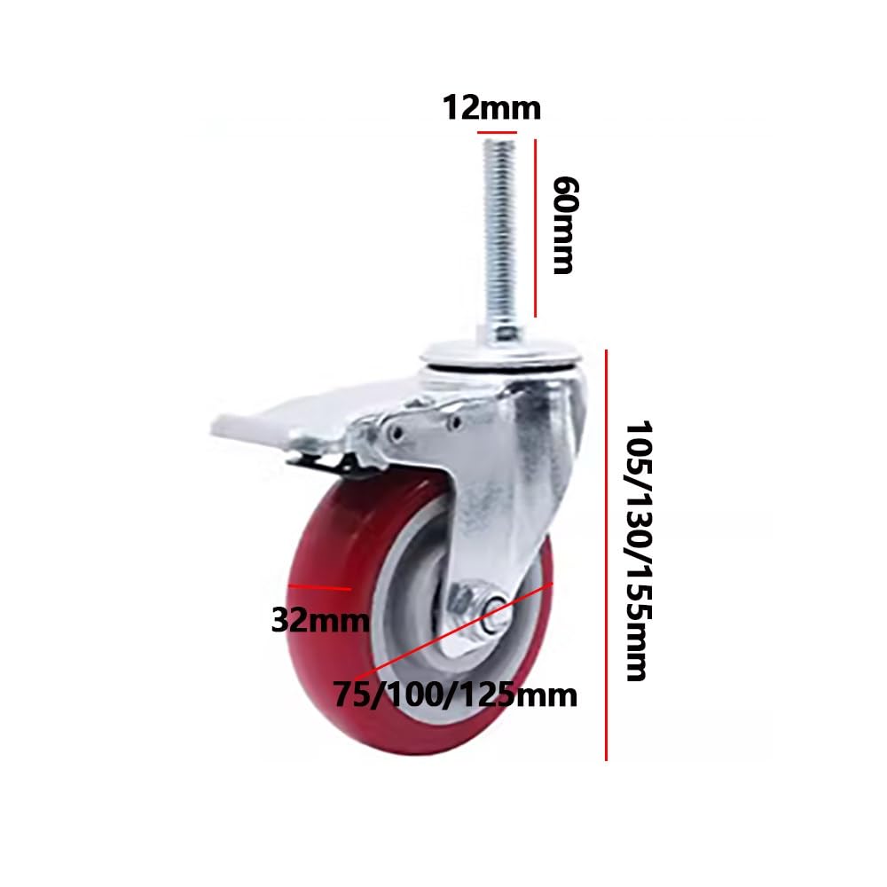 4 Pack roulettes Charge Lourde 75/100/125mm, roulettes pivotantes avec Frein, Tige filetée M12*60mm roulettes PU Silencieux(Brake,4Inch)