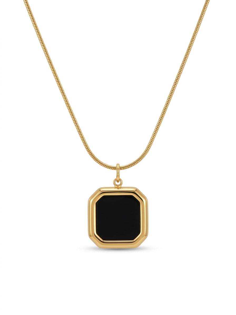 Anti-Tarnish Black Enamel Octagon Pendant Necklace for Women | Minimalist Nazar, Evil Eye Geometric Square Choker Chain | Vintage Aesthetic Everyday Fashion Jewellery Gift for Girls and Women-picture-31