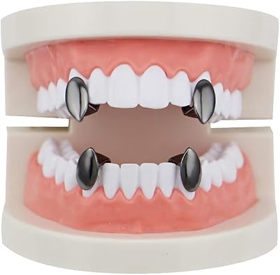 18K Gold Plated Hip Hop Teeth Grillz Caps 2pc Single Top and 2pc Single Bottom Vampire Fangs Grills for Your Teeth Grillz Set for Men Women
