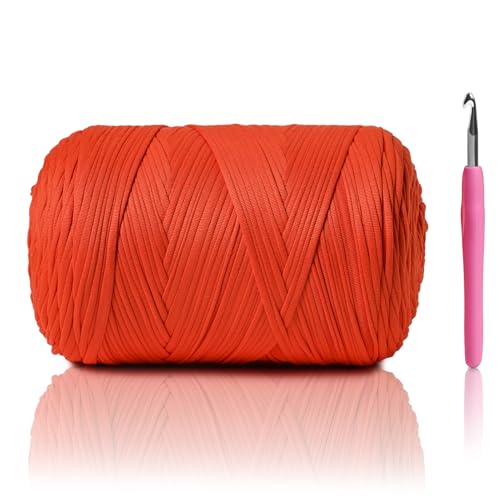 Image of 800G（228YDS） Tshirt Yarn for Crocheting，Chunky T-Shirt Yarn for Beginner Crochet Bags，Baskets，Coasters，Shoes，Clothes，DIY Crafts, Elastic Fabric Thick Hand Knitting Crochet Yarns (Orange)