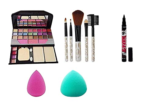 TYA Fashion 6155 Multicolour Makeup Kit with 5 White Makeup Brushes Set, 36H Eyeliner and 2 Pink beauty Blenders – (Pack of 9)