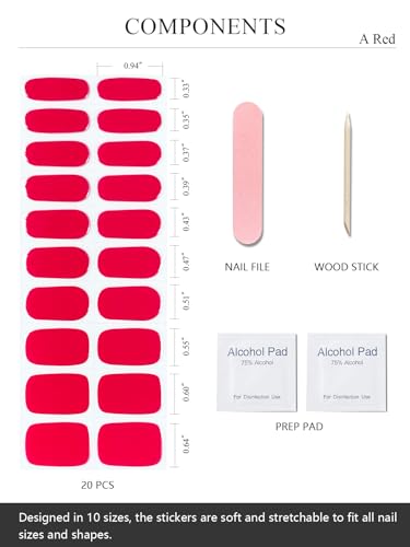 AutyaMee Tiras de unhas de gel semicuradas (vermelha), 20 peças de gel para unhas, adesivos, luz UV