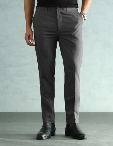 Image of Arrow Solid Super Slim Fit Formal Trousers for Men - Full Length Formal Pants for Men Office Wear