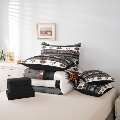 Image of Erosebridal Longhorn Cow Skull Comforter Set 7 Piece Bed in a Bag Twin | Southwestern Decor Boho Moth Bedding Sets Geometric Aztec Western Comforter and Sheet Set, Sun and Moon Bohemian Bed Sets,Grey