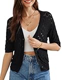 GRACE KARIN Summer Sweaters for Women Lightweight Short Sleeve Knit Shrugs Button Up Short Cardigan Top Black L