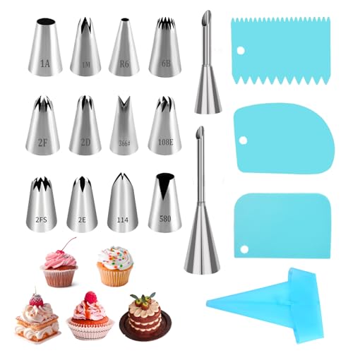 18 Douille Pâtisserie Grandes Inox Kit Professionnelle, Accessoire Patisserie avec Poche à Douille, 12 Douilles en Acier Inoxy, 2 Douilles à Choux, 3...