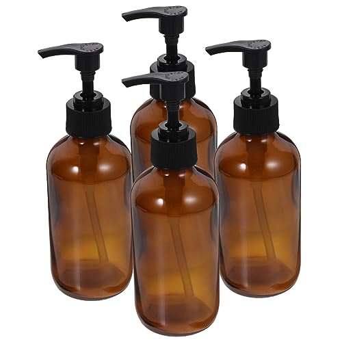 Healeved Lot De 4 Bouteilles en Verre à Pompe 250 ML Marron Clair, Distributeurs De Liquides Rechargeables pour Shampoing Et Gel Bain, Usage Voyage Et Salle De Bain